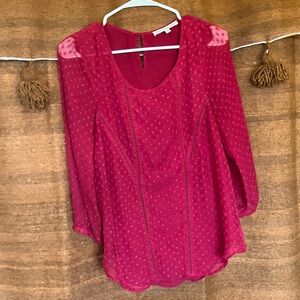 Red textured Blouse with Sheer Sleeves